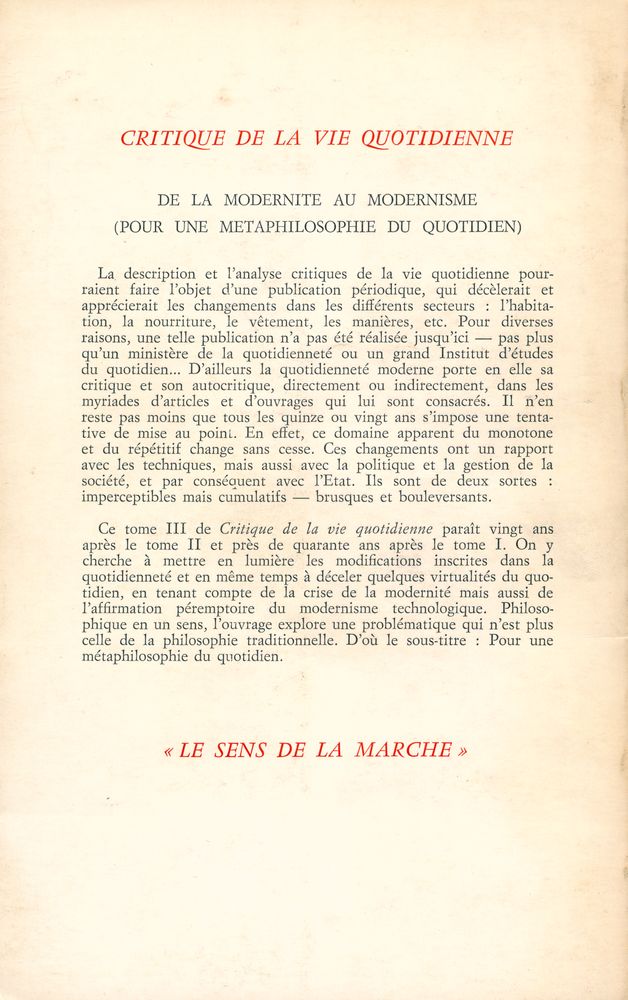 『LE SENS DE LA MARCHE - CRITIQUE DE LA VIE QUOTIDIENNE Ⅲ : De la modernité au modernisme (Pour une métaphilosophie du quotidien)』 3