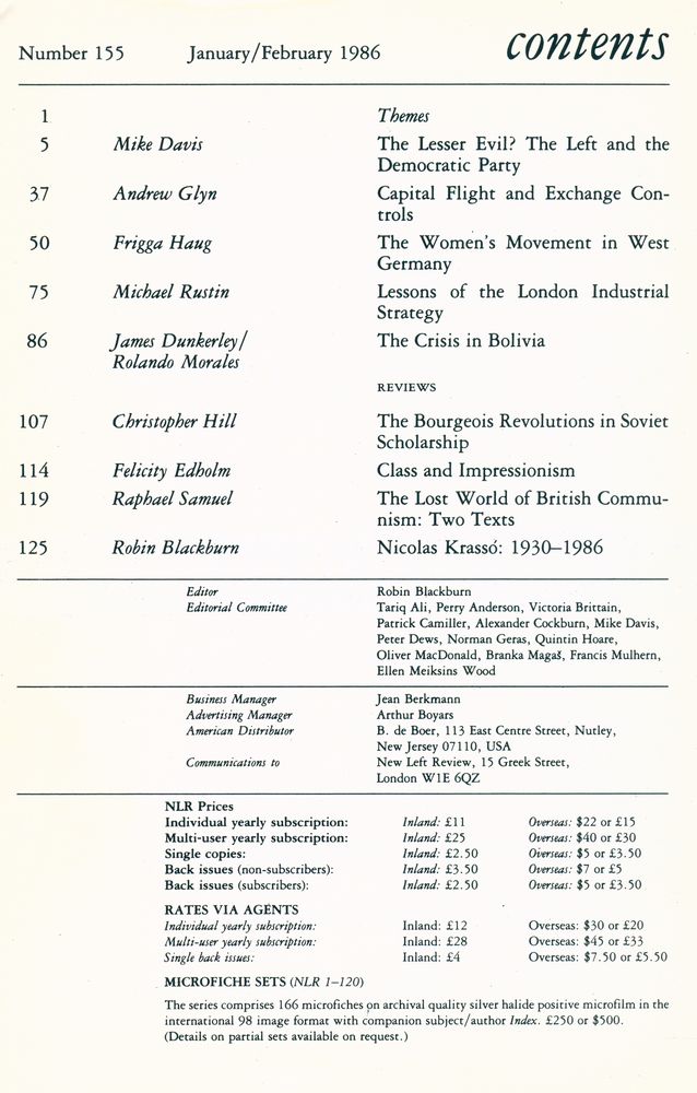 『new left review』 1986 Volume 27 Number (155 - 160) 2