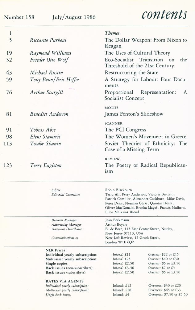 『new left review』 1986 Volume 27 Number (155 - 160) 5