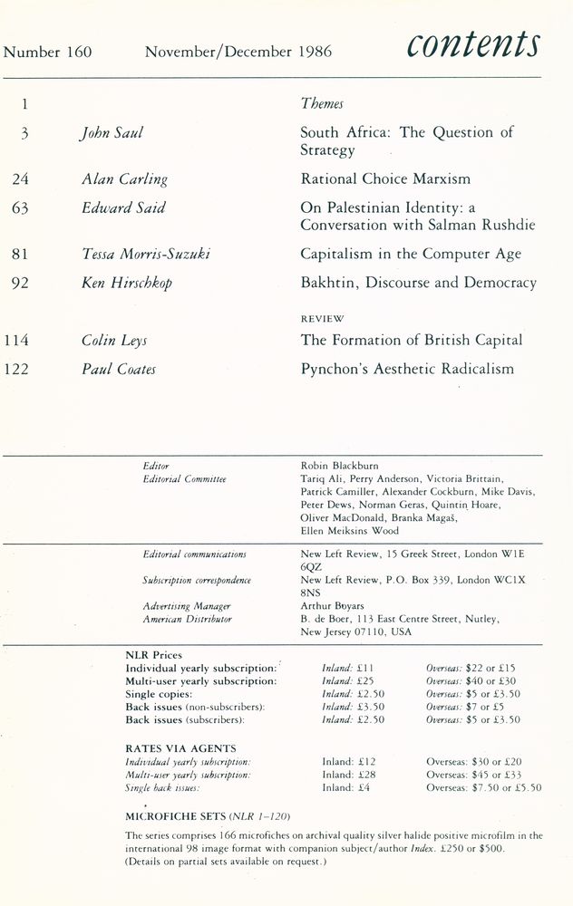 『new left review』 1986 Volume 27 Number (155 - 160) 7