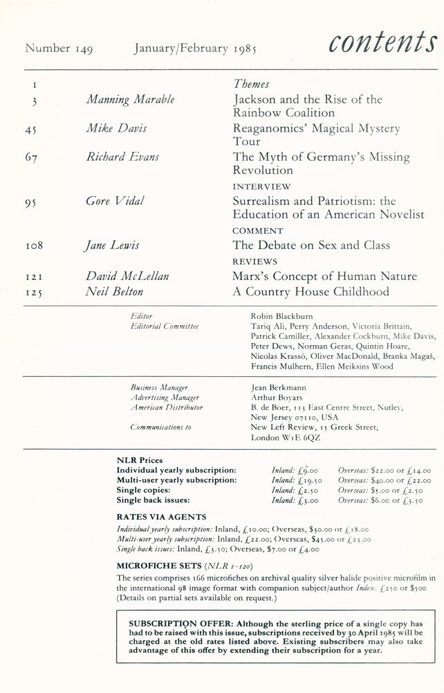 『new left review』 1985 Volume 26 Number (149 - 154) 2