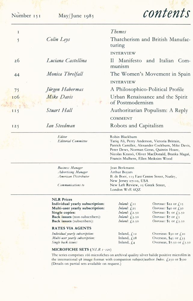 『new left review』 1985 Volume 26 Number (149 - 154) 4