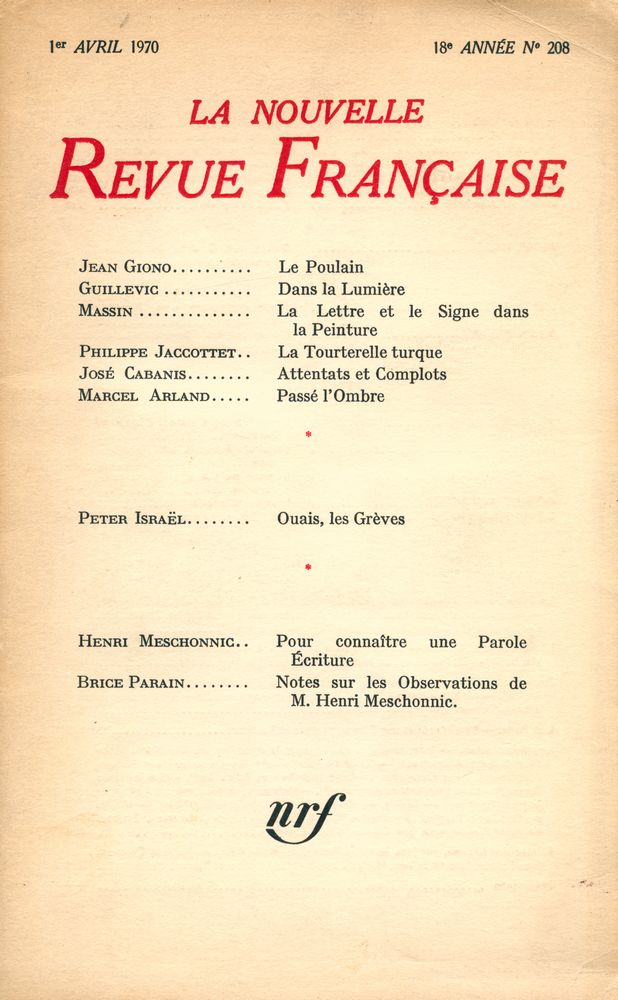 『LA NOUVELLE Revue Francaise』 N° 208 AVRIL 1970 1