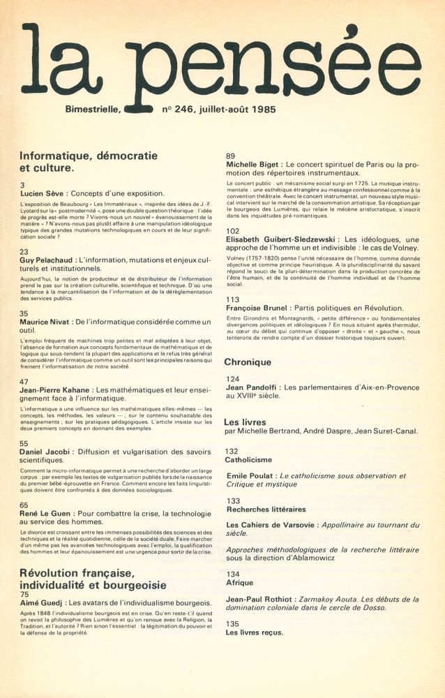 『La Pensée』 N° 246 - Juillet - Août 1985 2