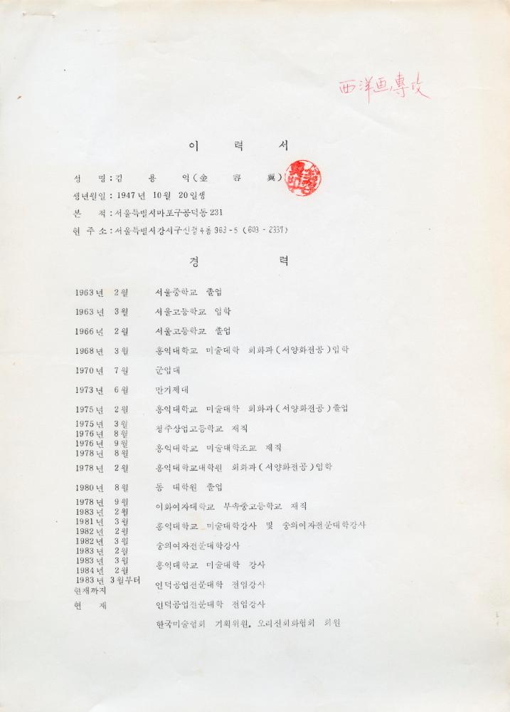 1984년 김용익 이력서 1