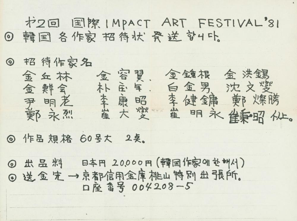 1981년 곽덕준이 김용익에게 보낸 《제2회 국제 IMPACT ART FESTIVAL'81》 초청 서신 5