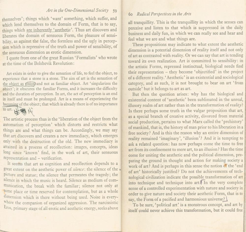 「Art in the One-dimentional Society」 『Radical Perspectives in the Arts』 6