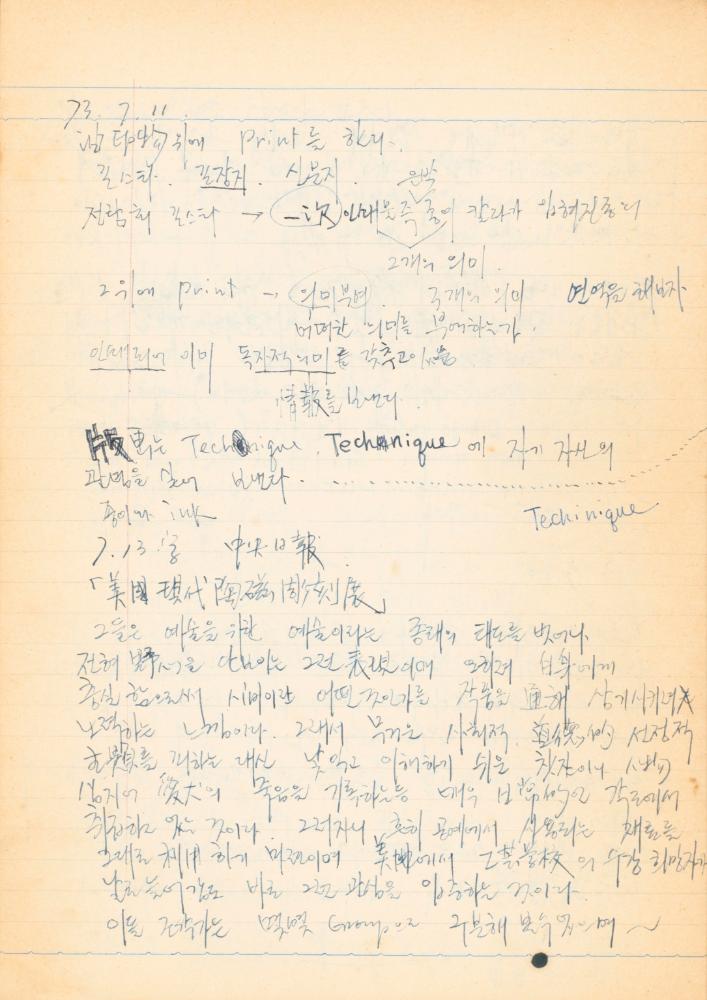 1973년경 작성한 노트