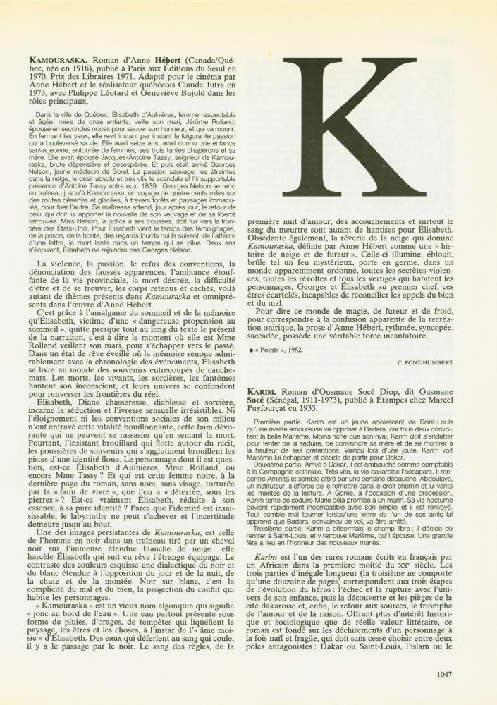 『DICTIONNAIRE DES œuvres littéraires   LITTÉRATURES DE LANGUE FRANÇAISE : K - P』 2
