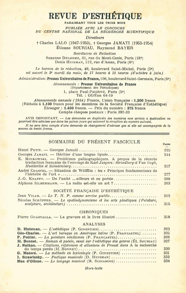 『REVUE d'ESTHÉTIQUE』 TOME SEPT - FASCICULE 3 2