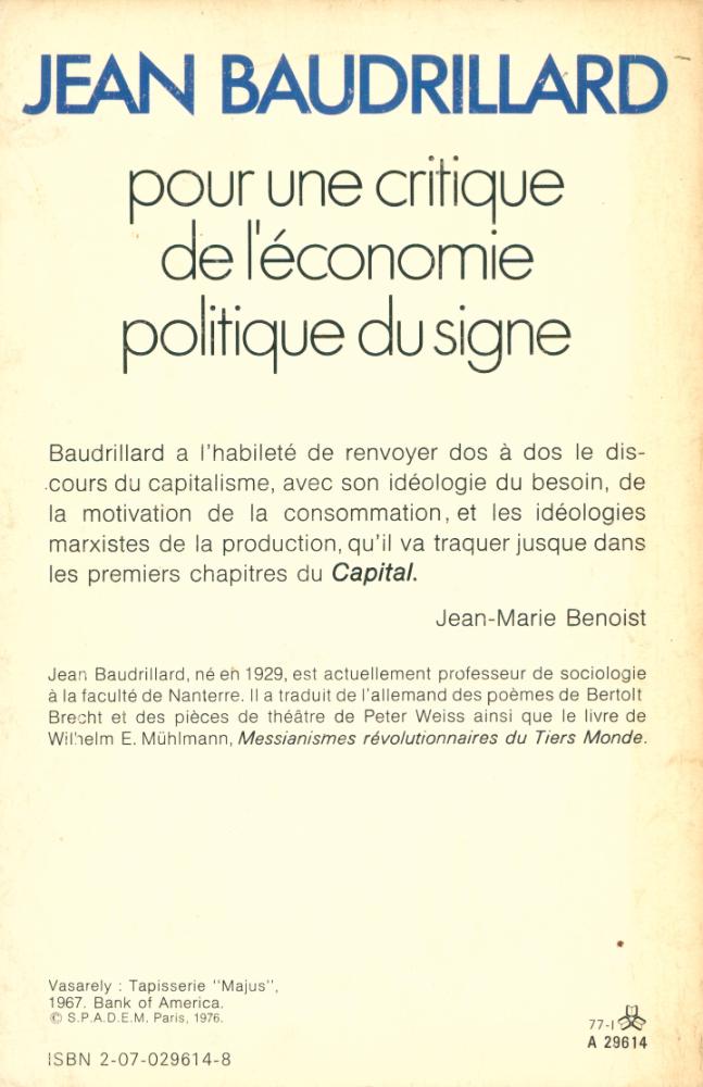 『Pour une critique de I'économie politique du signe』 4