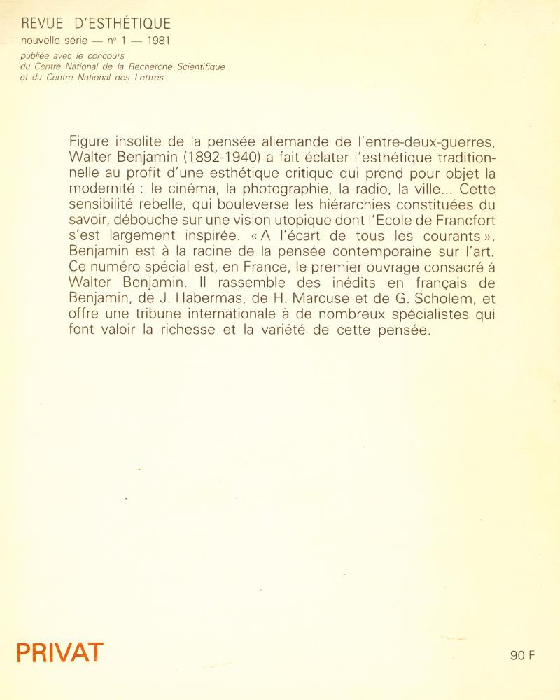 『REVUE D'ESTHÉTUQUE』 nouvelle série - no 1 - 1981 3