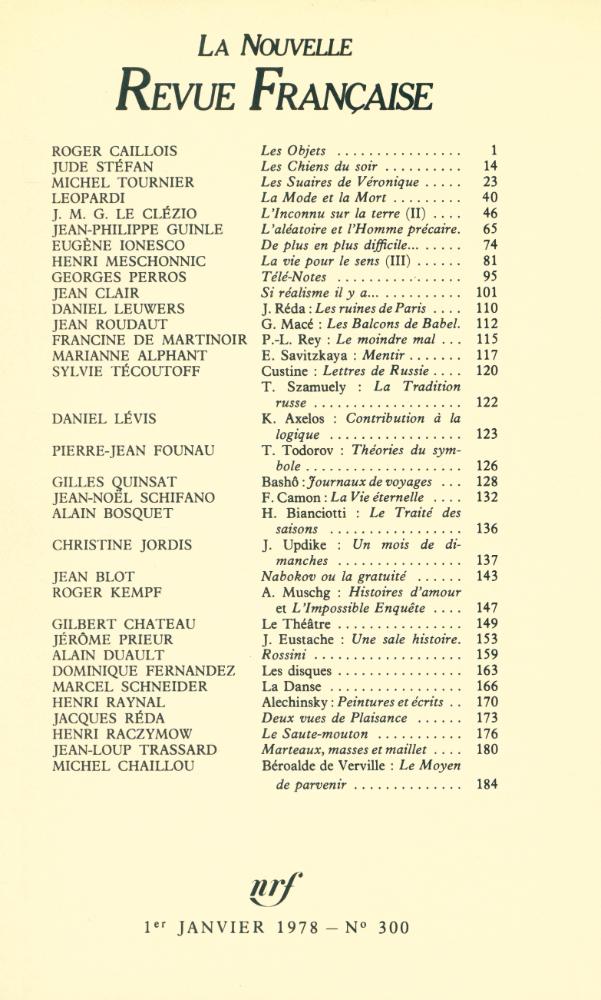 『LA NOUVELLE REVUE FRANÇAISE』 JANVIER 1978 No 300 2