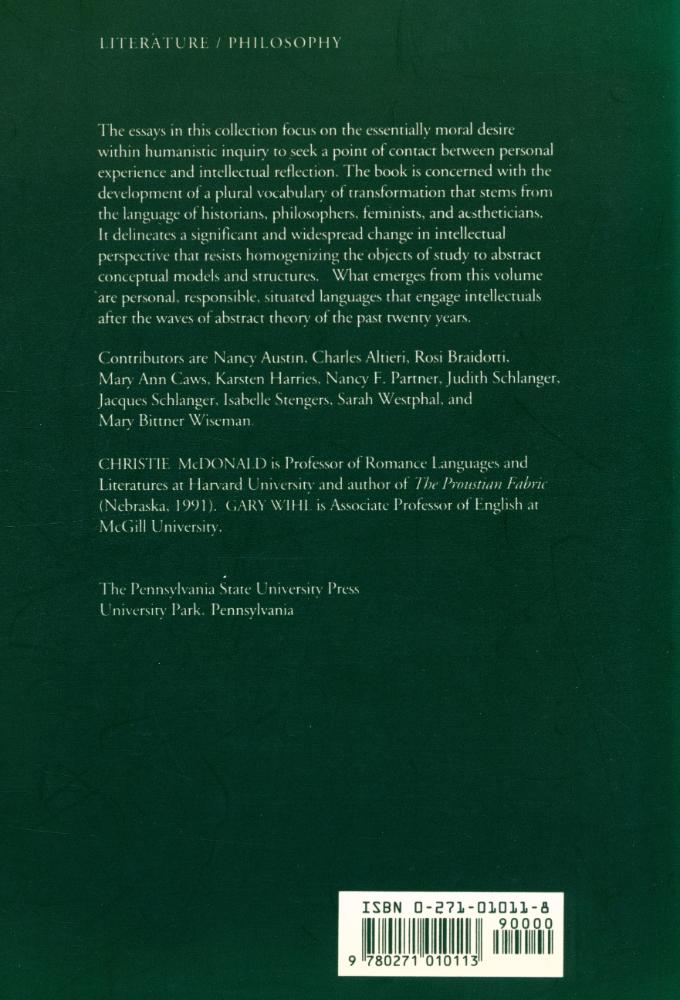 『Transformations in personhood and culture after theory : the languages of history, aesthetics, and ethics』 4