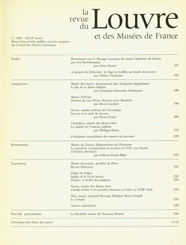 『la revue de Louvre et des Musées de France』 3, 1982, XXXIe année 2