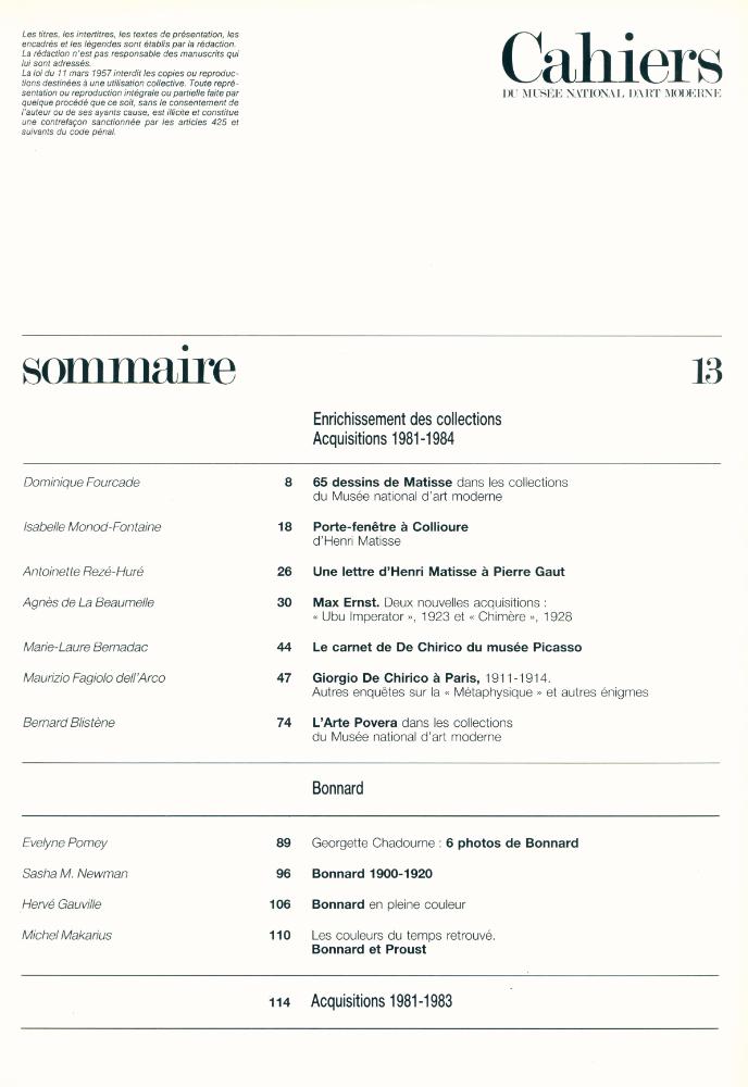 『Cahiers DU MUSEE NATIONAL D'ART MODERNE』 Volume 84, Number 13 2