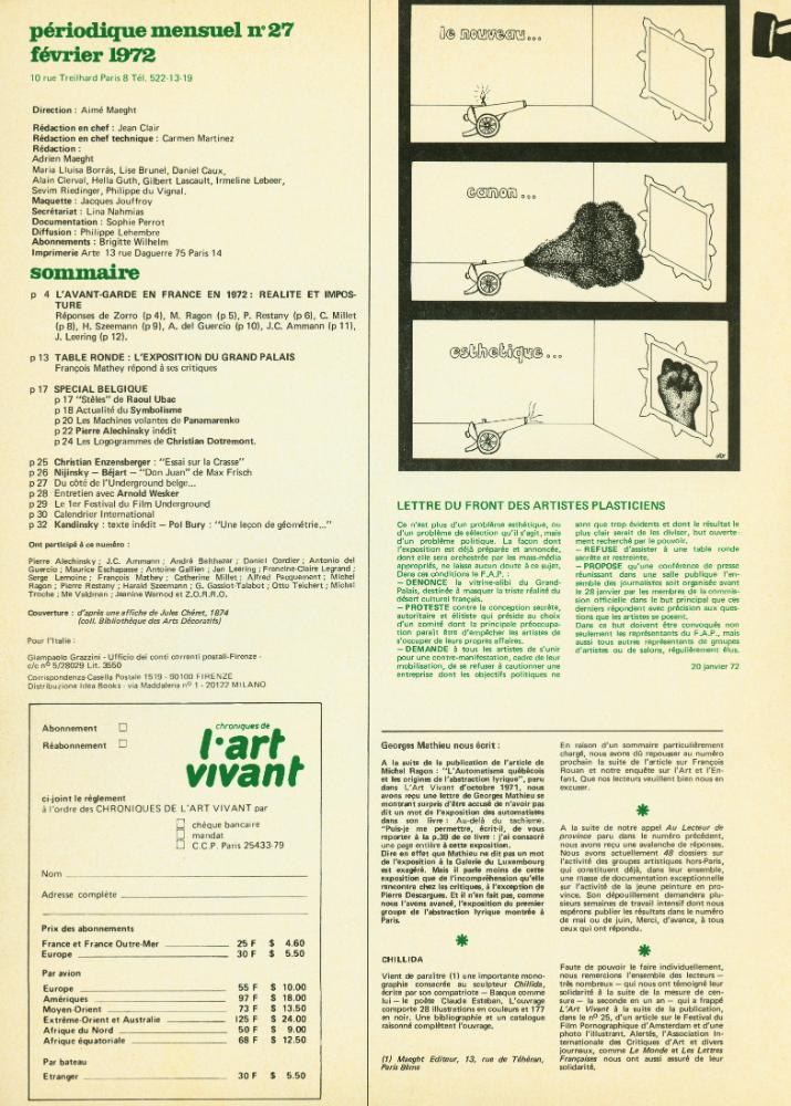 『chroniques de l' art vivant』 Nº27 FÉVRIER 1972 2